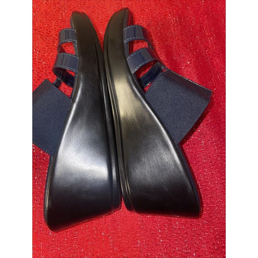Italian Shoemakers Wedge Sandals Navy Blue Stretch Elastic Straps Italy 7 M